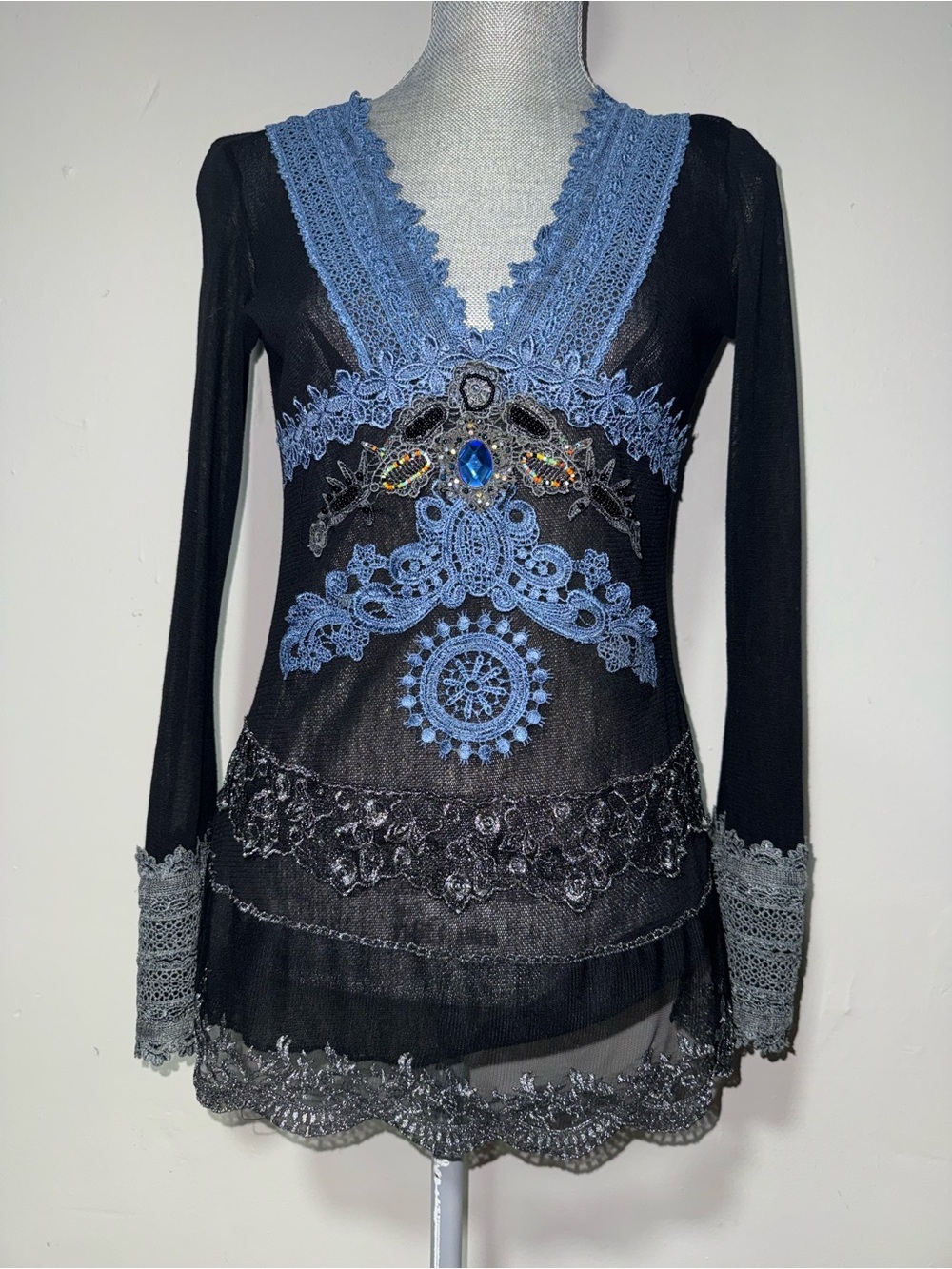 Y2K Sheer Black Tunic with Blue Lace Appliqué and Jewel Accent